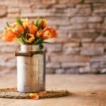 tulips in metal jar