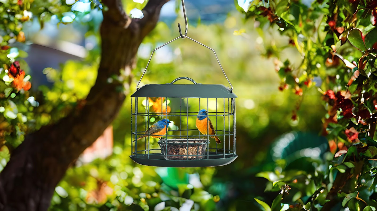 Squirrel proof feeders from kingsyard.com hanging in the trees, attracting bluebirds.